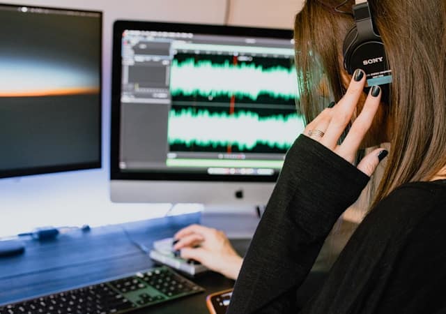 Female transcriber listening to audio recording