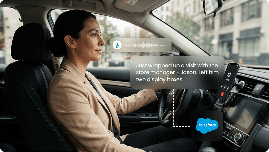 An aiola field-sales rep updating Salesforce by voice while driving